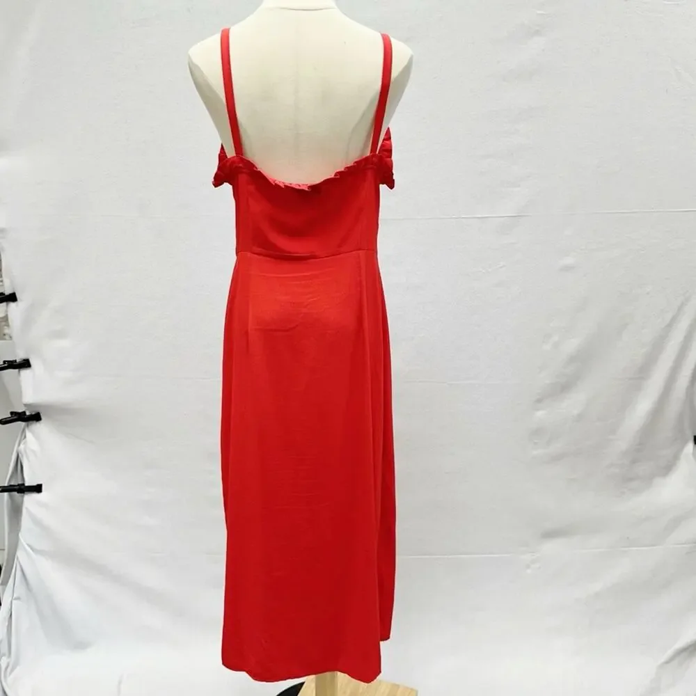 Topshop red ruffle accent button up sweetheart midi sunndress US size 8‎